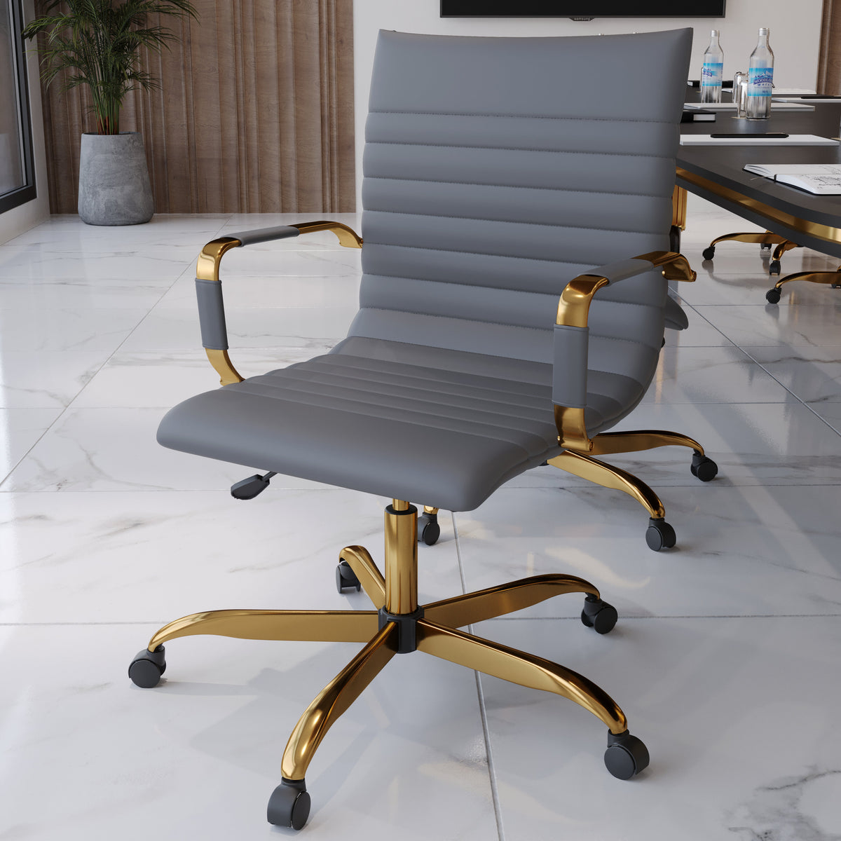 Harris Mid-Back Leather Adjustable Office Conference Chair with Armrests Gold Grey Office Chair Leisuremod