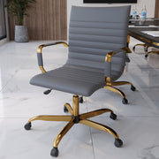 Harris Mid-Back Leather Adjustable Office Conference Chair with Armrests Gold Grey Office Chair Leisuremod