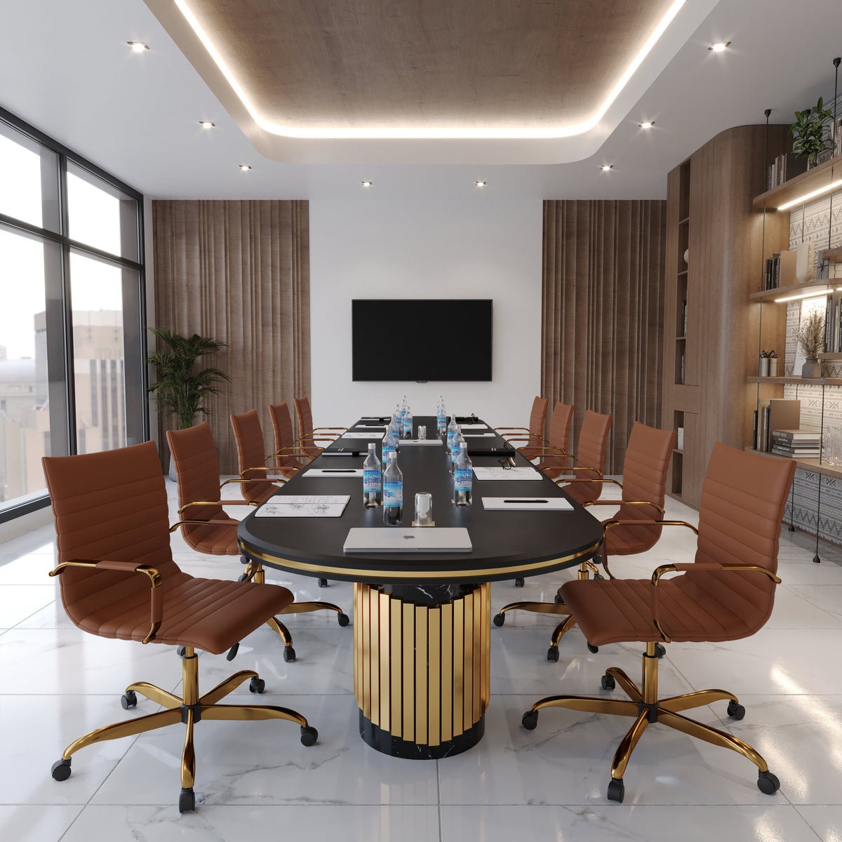 Harris Mid-Back Leather Adjustable Office Conference Chair with Armrests Gold Grey Office Chair Leisuremod