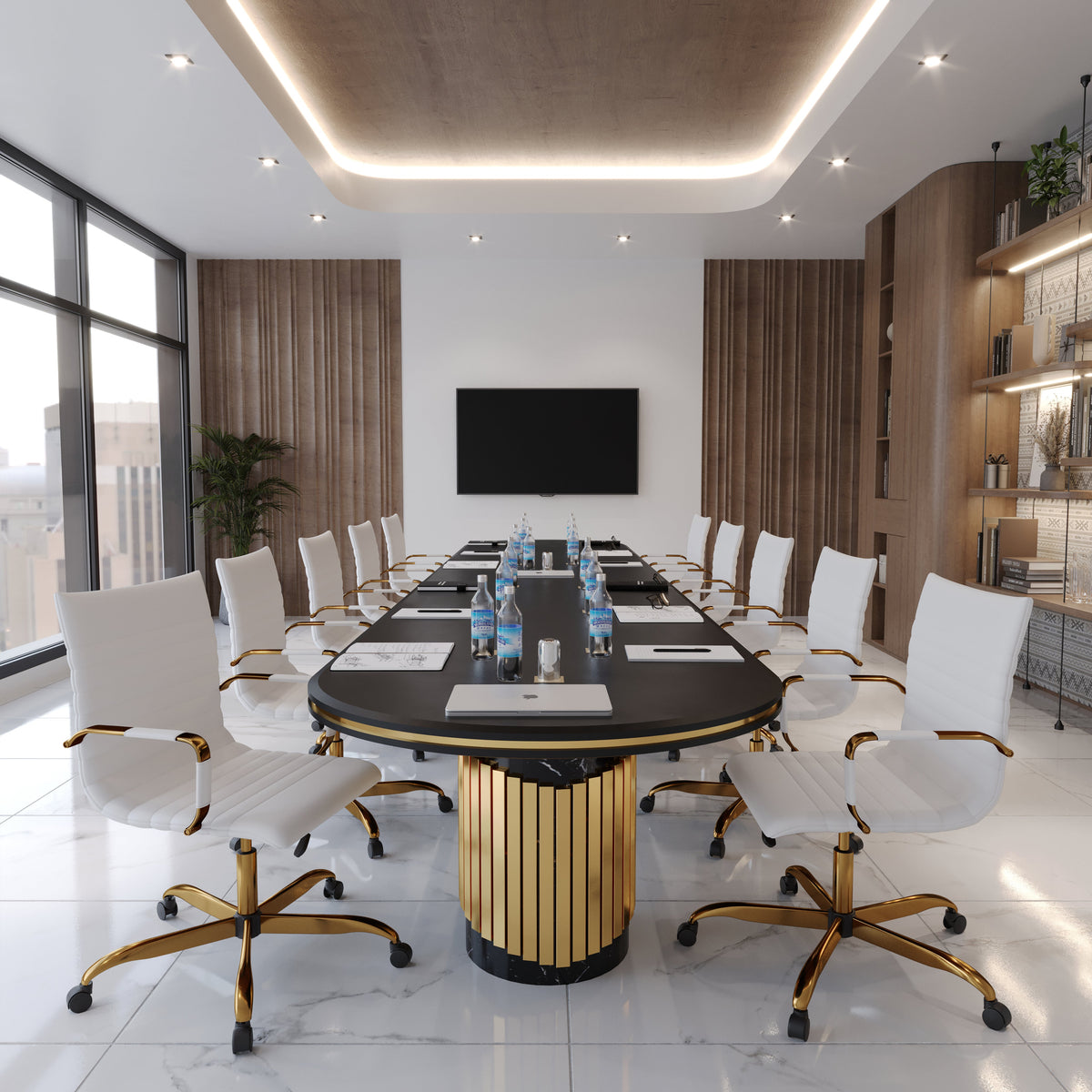Harris Mid-Back Leather Adjustable Office Conference Chair with Armrests Gold Tan Office Chair Leisuremod