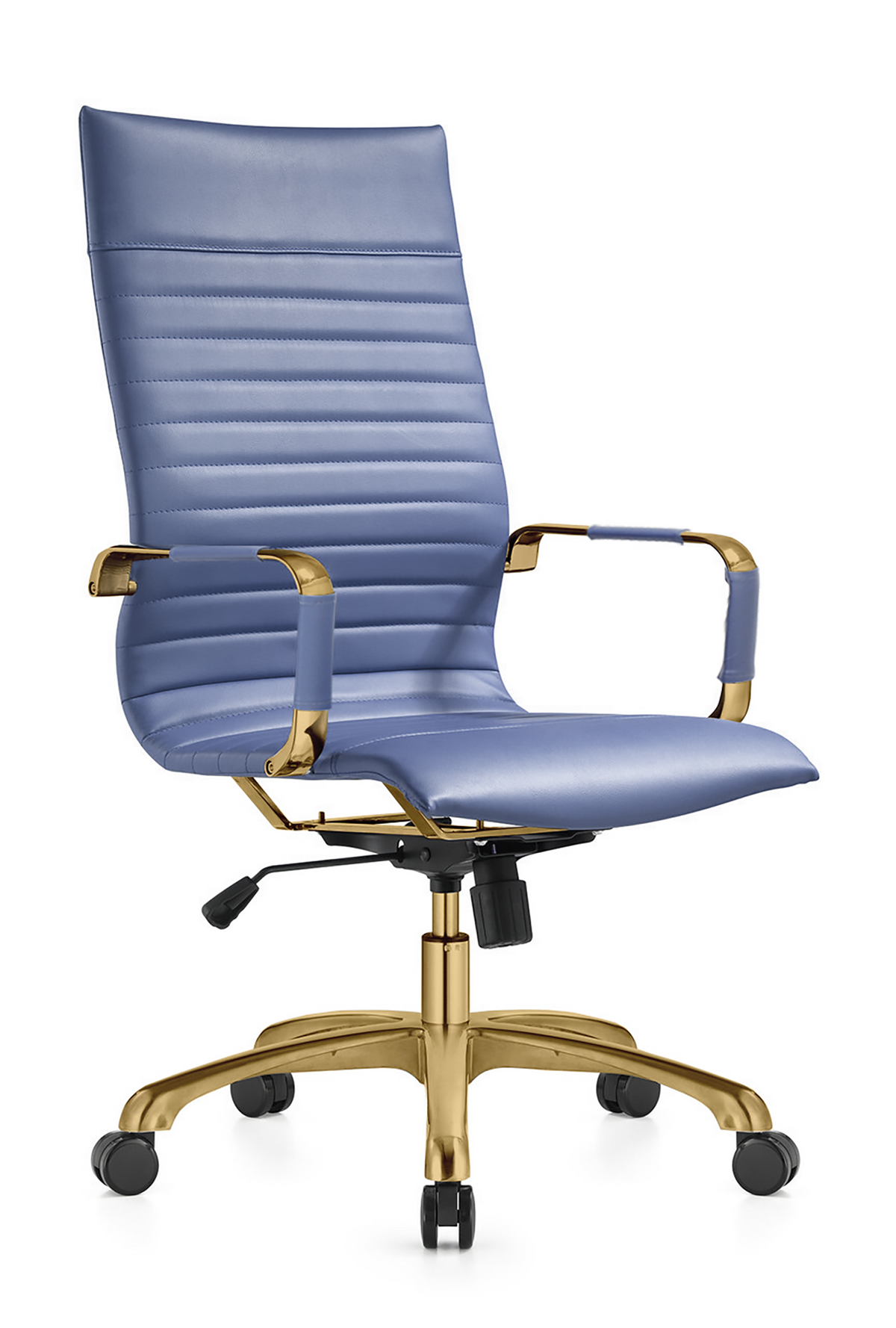 Harris Leather High-Back Adjustable Office Conference Chair with Armrests Gold Navy Blue Office Chair Leisuremod