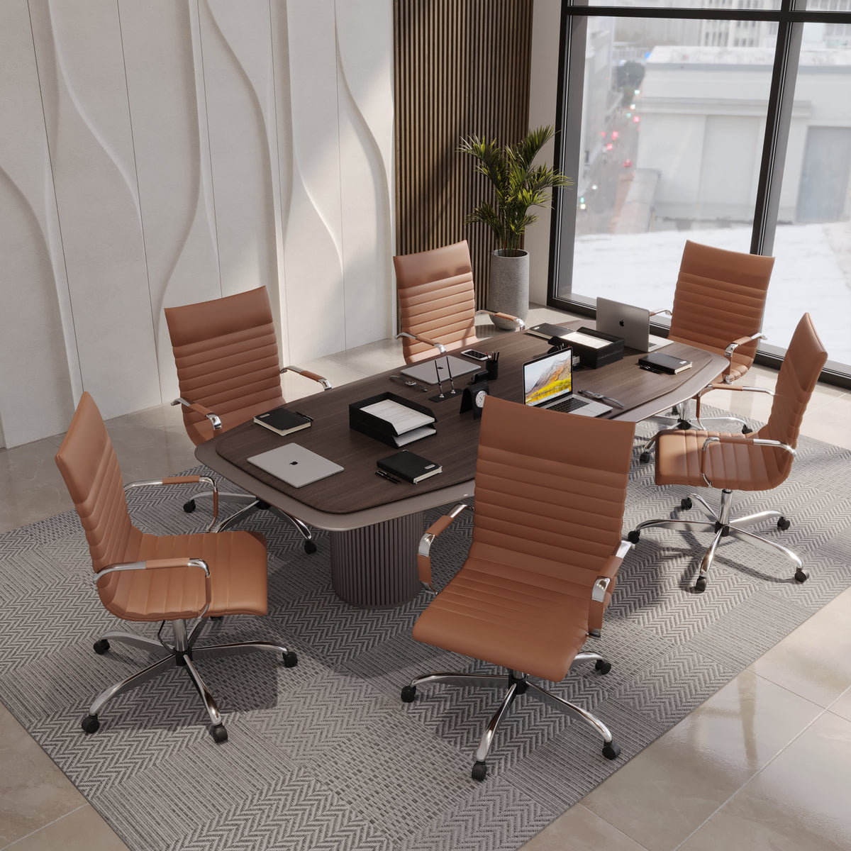 Harris Leather High-Back Adjustable Office Conference Chair with Armrests Chrome Light Brown Office Chair Leisuremod