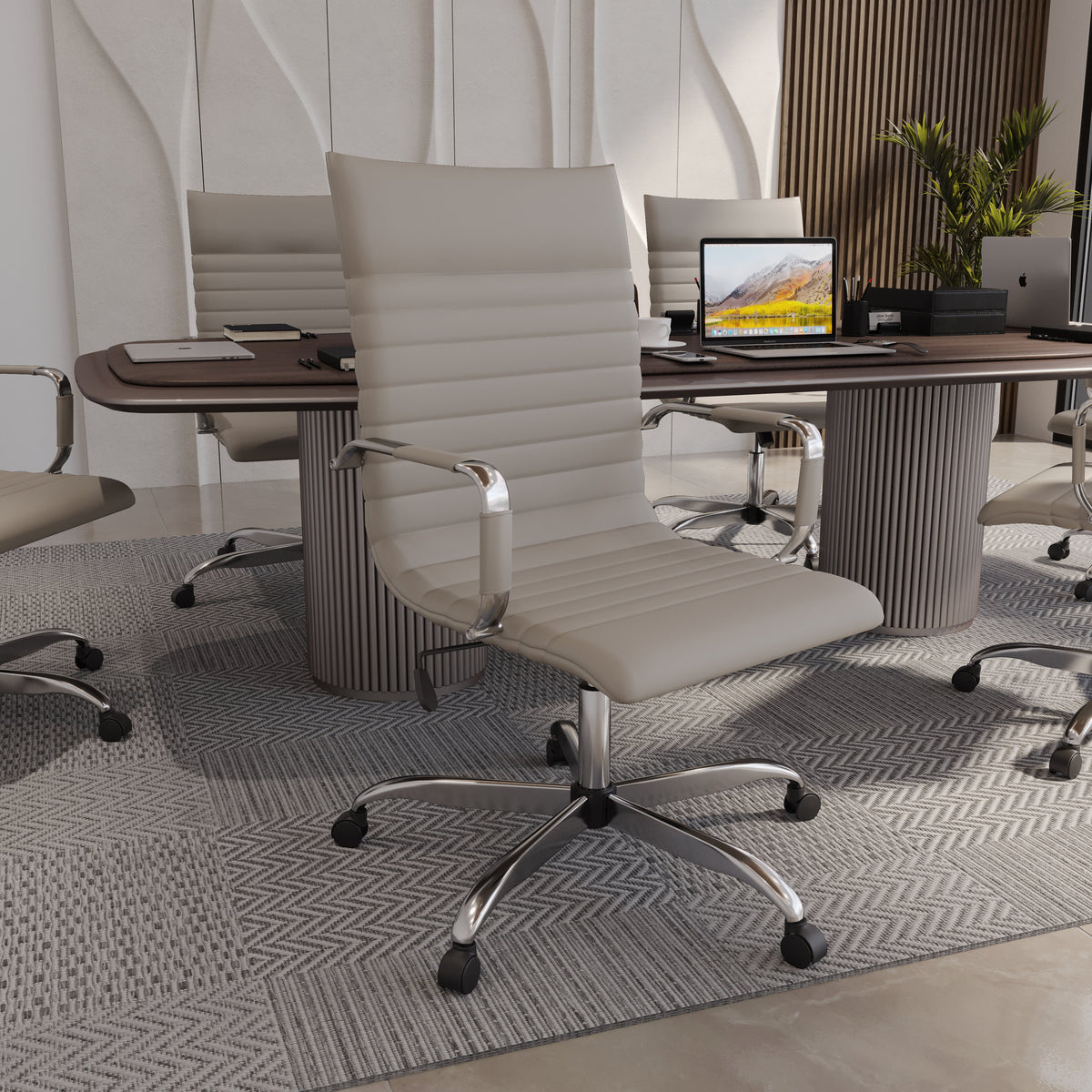 Harris Leather High-Back Adjustable Office Conference Chair with Armrests Chrome Tan Office Chair Leisuremod