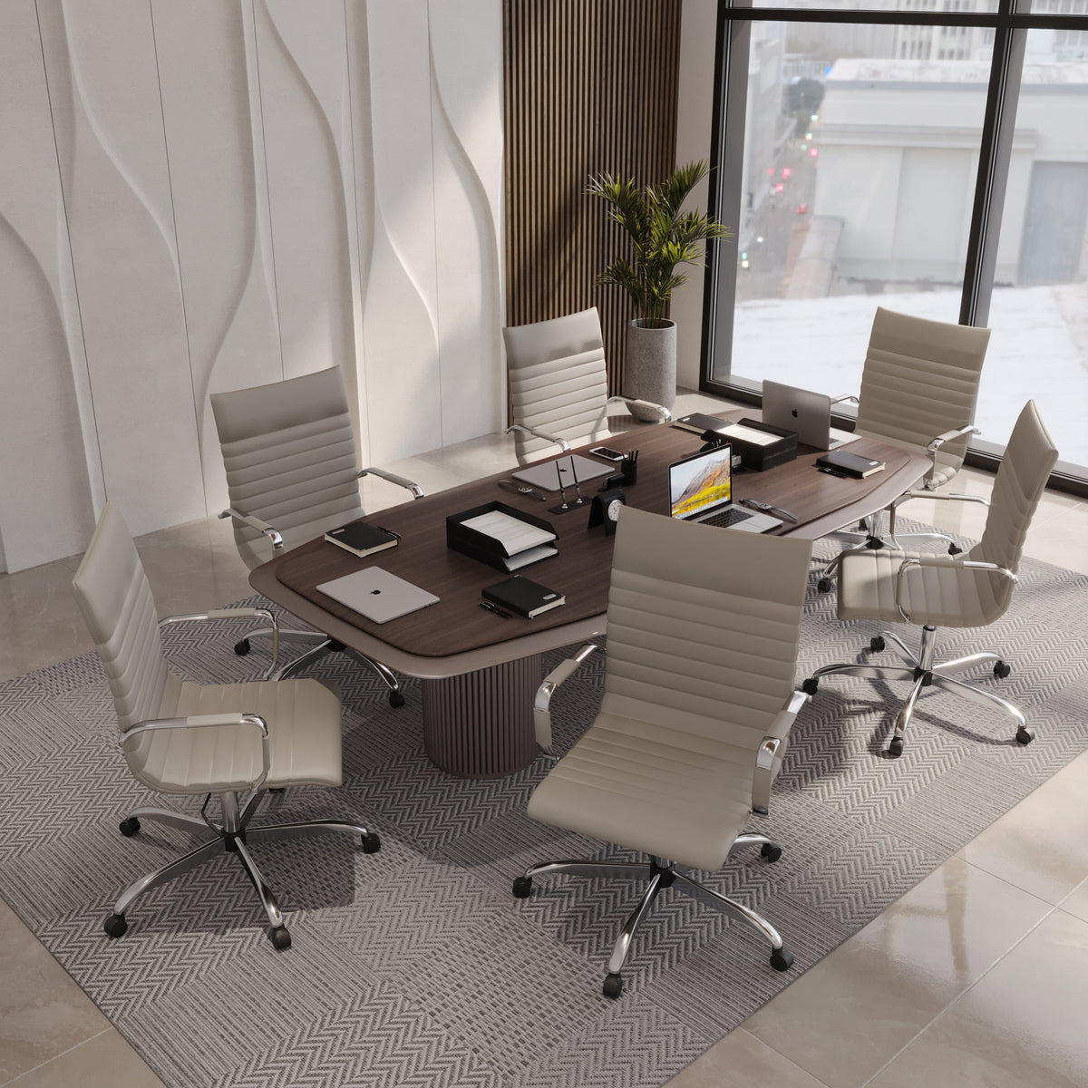 Harris Leather High-Back Adjustable Office Conference Chair with Armrests Chrome Tan Office Chair Leisuremod