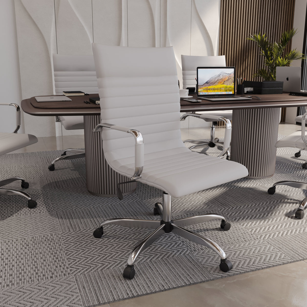Harris Leather High-Back Adjustable Office Conference Chair with Armrests Chrome White Office Chair Leisuremod