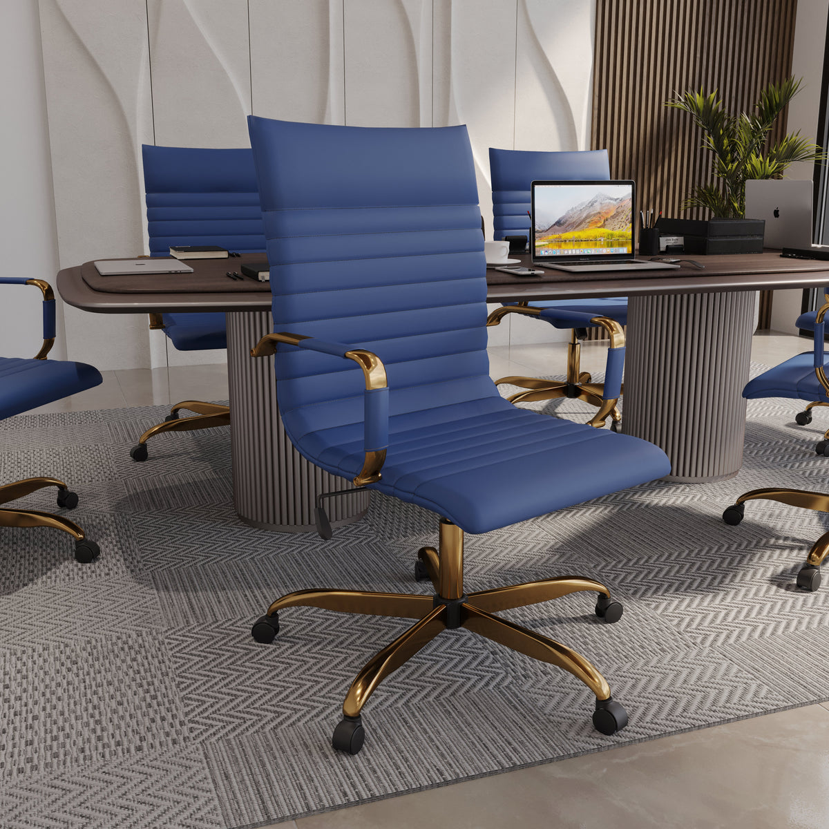Harris Leather High-Back Adjustable Office Conference Chair with Armrests Gold Navy Blue Office Chair Leisuremod