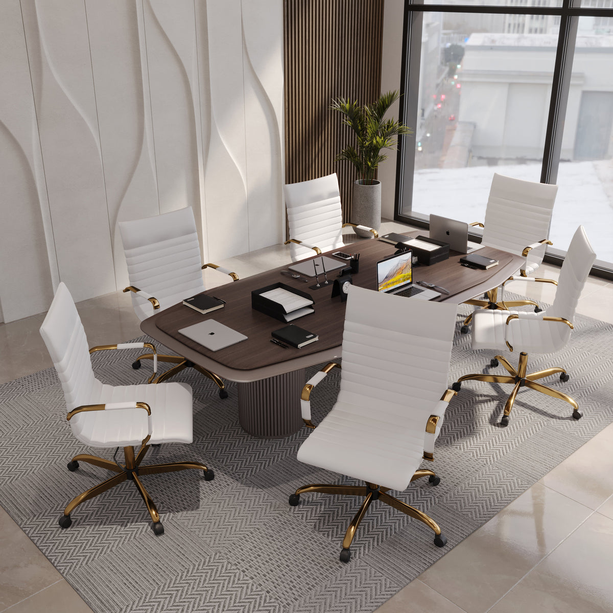 Harris Leather High-Back Adjustable Office Conference Chair with Armrests Gold White Office Chair Leisuremod