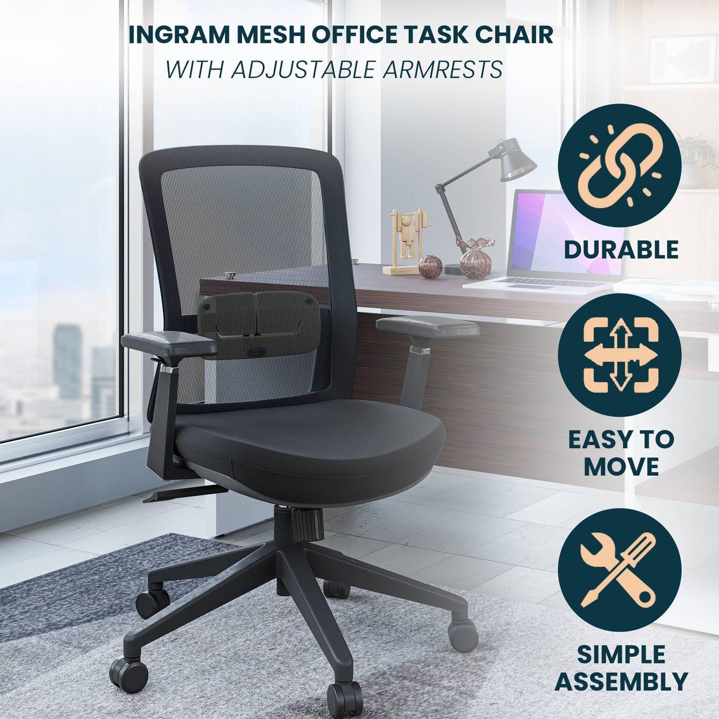 Ingram Ergonomic Modern Office Mesh Task Chair With Adjustable Height - Elax Furniture