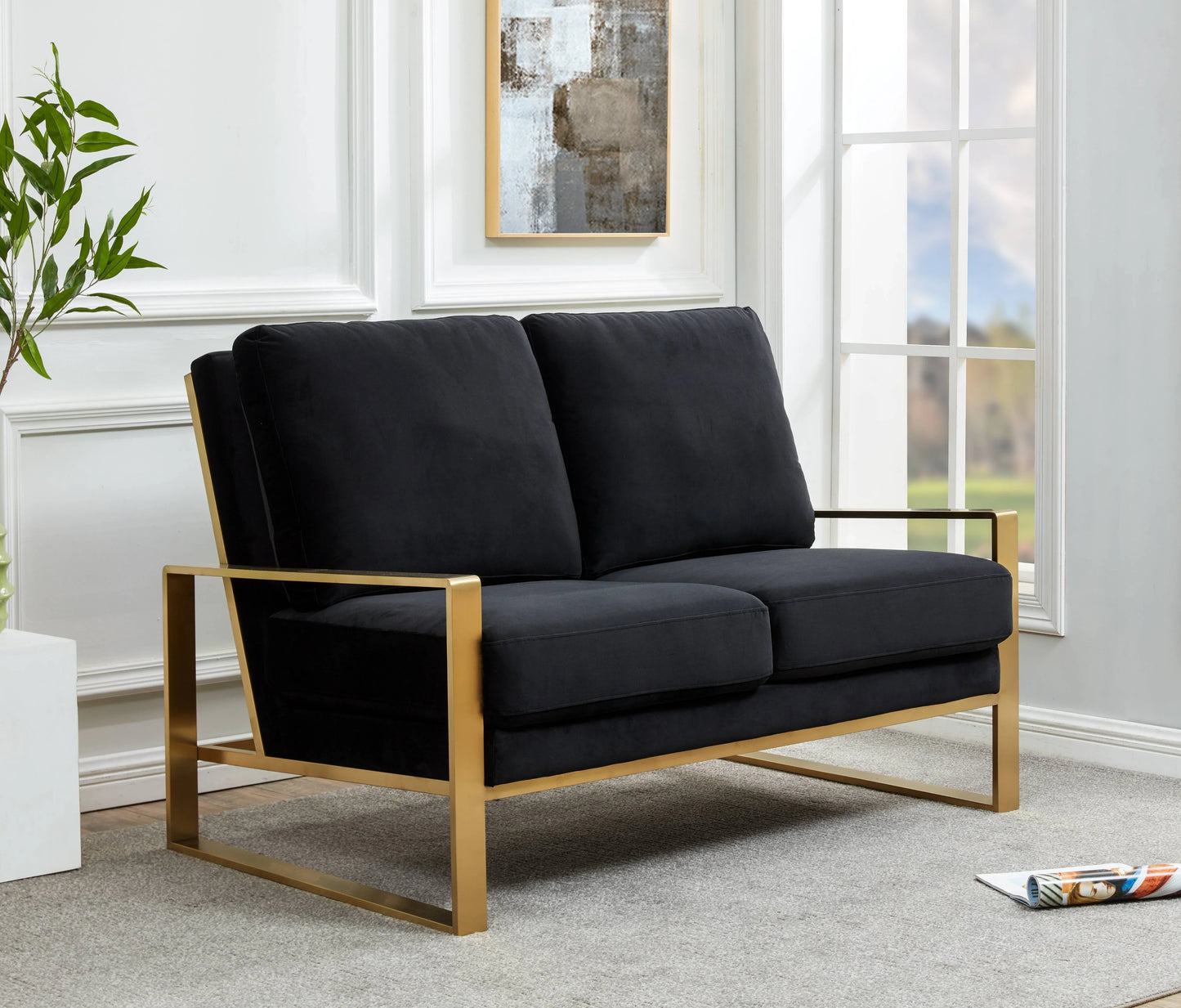 Jefferson Contemporary Velvet/Leather Loveseat with Stainless Steel Frame - Elax Furniture