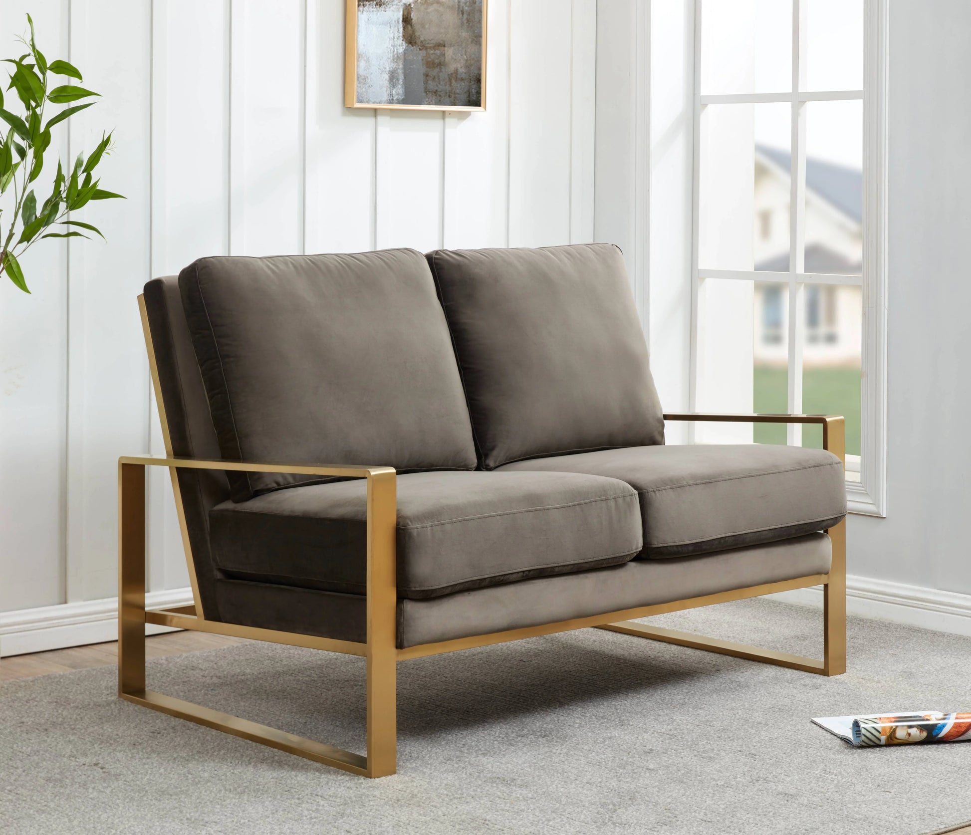 Jefferson Contemporary Velvet/Leather Loveseat with Stainless Steel Frame - Elax Furniture
