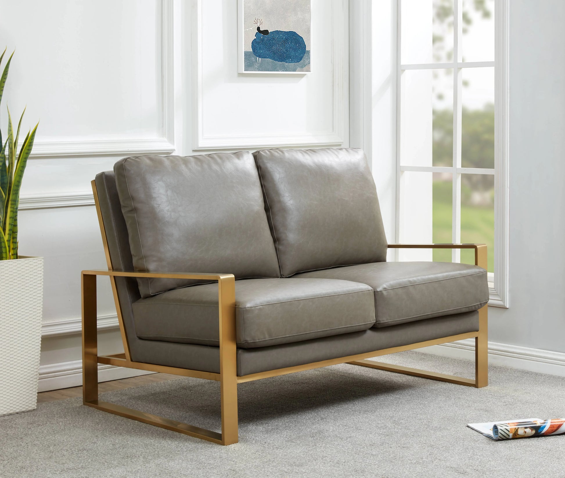 Jefferson Contemporary Velvet/Leather Loveseat with Stainless Steel Frame - Elax Furniture