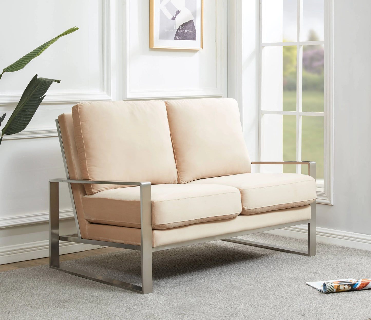 Jefferson Contemporary Velvet/Leather Loveseat with Stainless Steel Frame - Elax Furniture