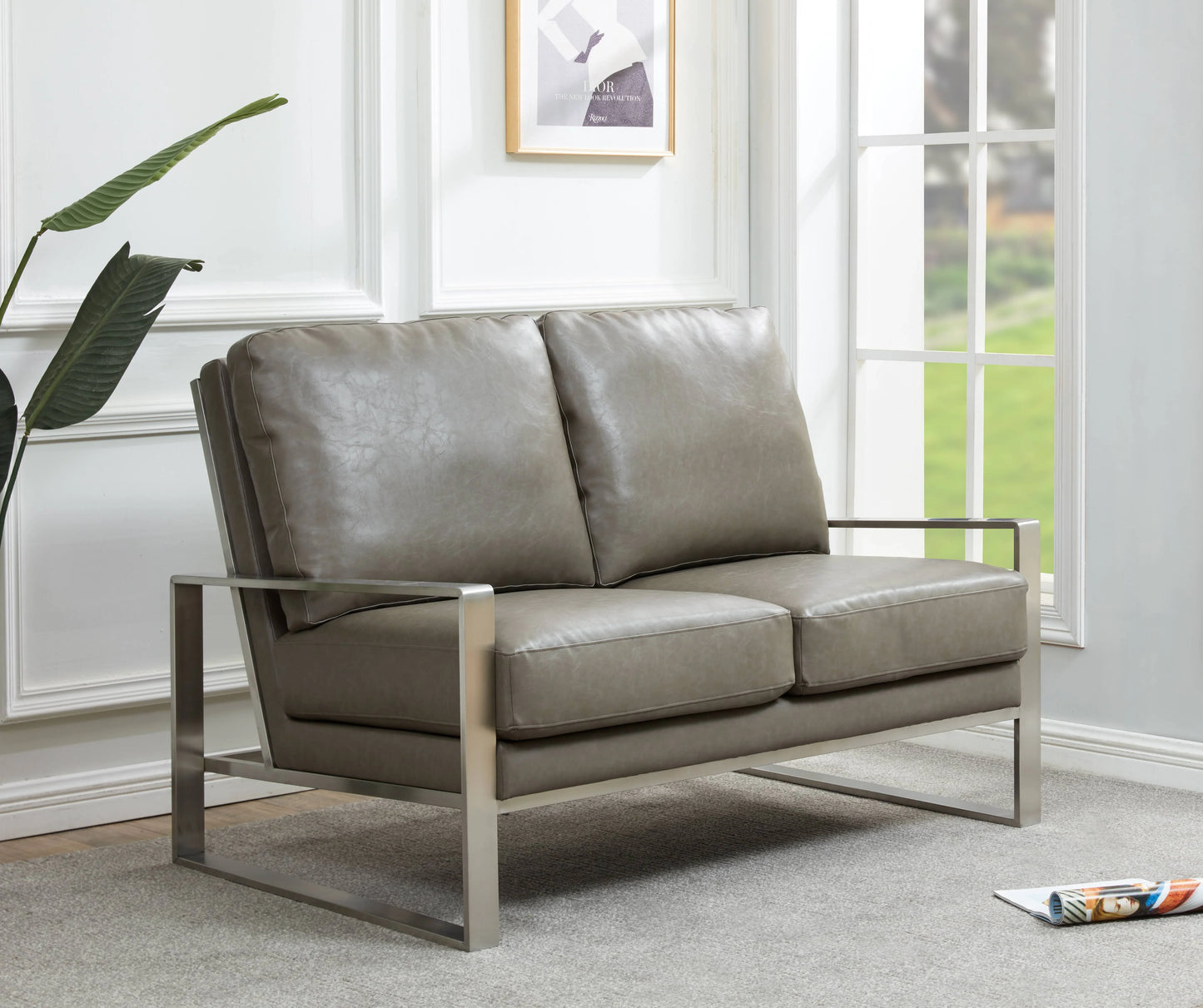 Jefferson Contemporary Velvet/Leather Loveseat with Stainless Steel Frame - Elax Furniture