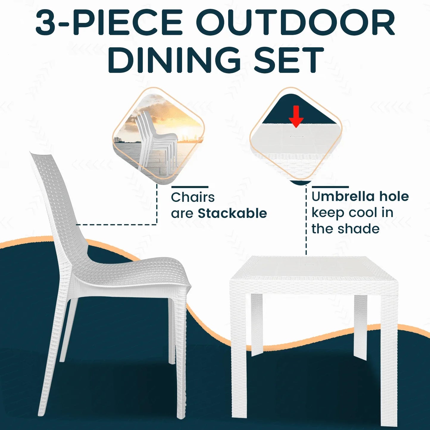 Kent Mid-Century Modern Weave Design 3-Piece Outdoor Patio Dining Set - Elax Furniture