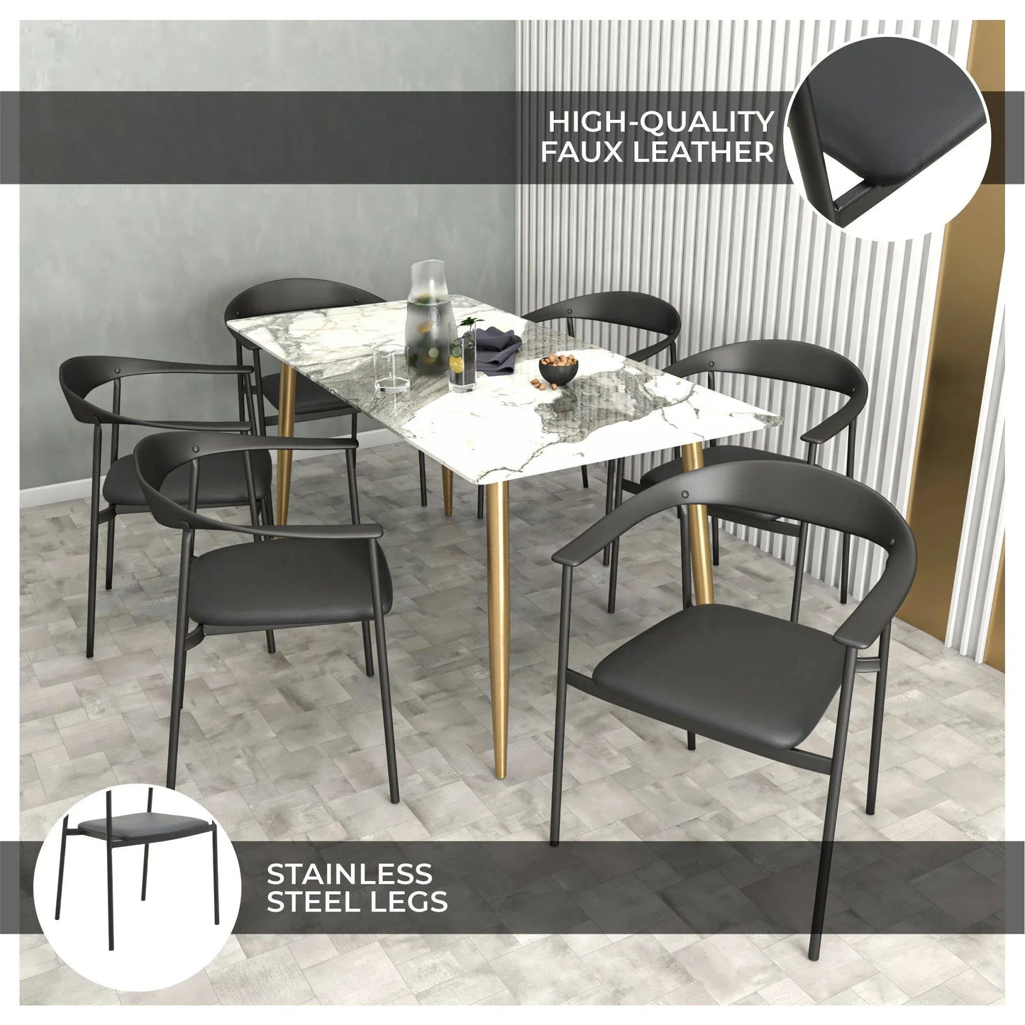 Kora Dining Chair Upholstered in Leather with Stainless Steel Frame and Legs - Elax Furniture