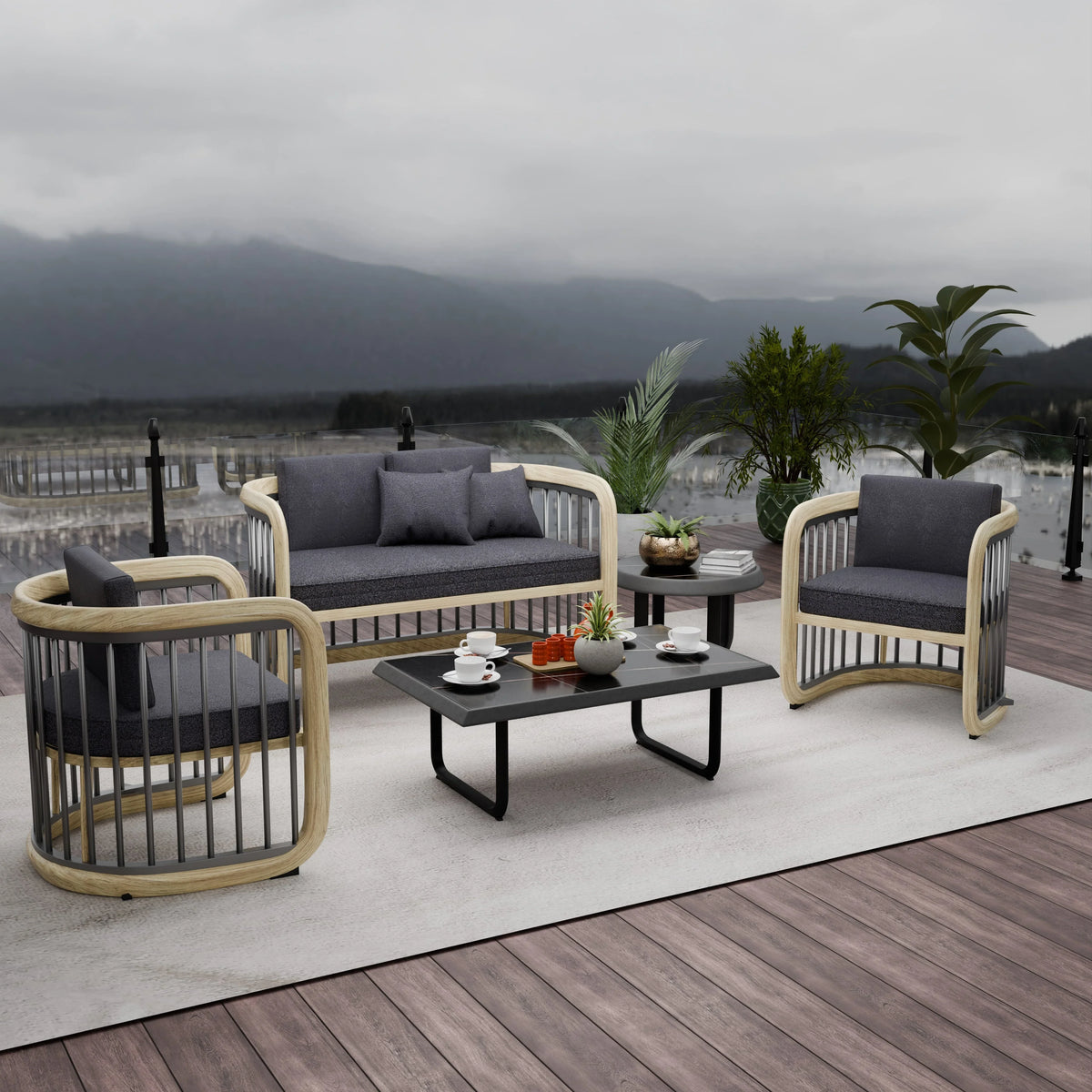 LeisureMod Klyra Patio Furniture Set – 5-Piece Aluminum Seating in Grey - Elax Furniture