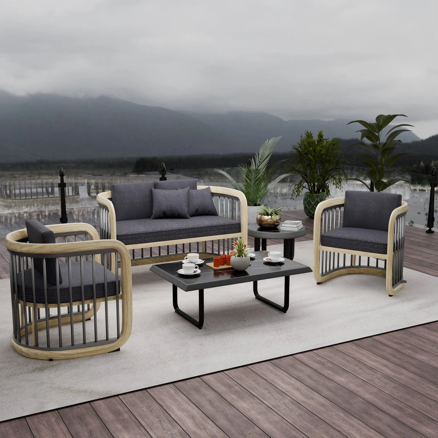LeisureMod Klyra Patio Furniture Set – 5-Piece Aluminum Seating in Grey - Elax Furniture
