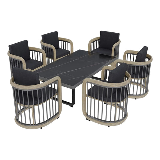 LeisureMod Klyra 7-Piece Aluminum Dining Set with 1 Rectangular Dining Table and 6 Dining Chairs in Grey - Elax Furniture