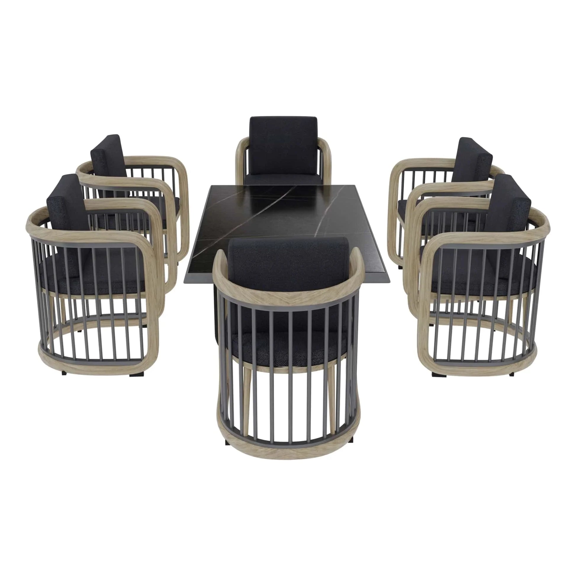 LeisureMod Klyra 7-Piece Aluminum Dining Set with 1 Rectangular Dining Table and 6 Dining Chairs in Grey - Elax Furniture