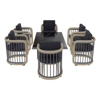 LeisureMod Klyra 7-Piece Aluminum Dining Set with 1 Rectangular Dining Table and 6 Dining Chairs in Grey - Elax Furniture