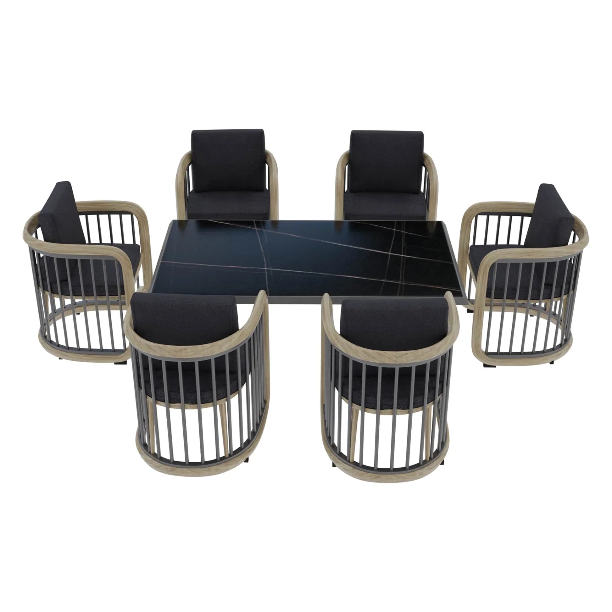 LeisureMod Klyra 7-Piece Aluminum Dining Set with 1 Rectangular Dining Table and 6 Dining Chairs in Grey - Elax Furniture