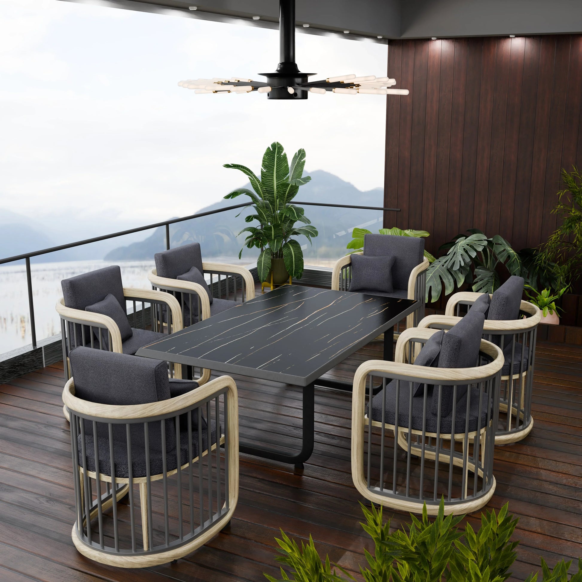 LeisureMod Klyra 7-Piece Aluminum Dining Set with 1 Rectangular Dining Table and 6 Dining Chairs in Grey - Elax Furniture