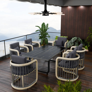 LeisureMod Klyra 7-Piece Aluminum Dining Set with 1 Rectangular Dining Table and 6 Dining Chairs in Grey - Elax Furniture