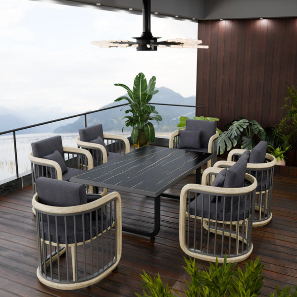 LeisureMod Klyra 7-Piece Aluminum Dining Set with 1 Rectangular Dining Table and 6 Dining Chairs in Grey