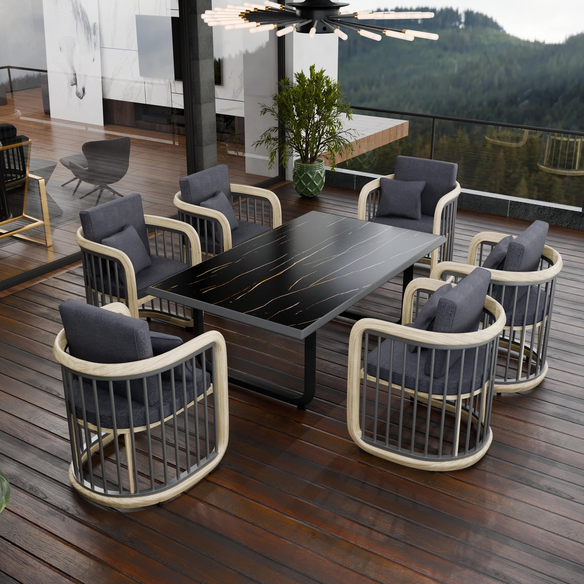 LeisureMod Klyra 7-Piece Aluminum Dining Set with 1 Rectangular Dining Table and 6 Dining Chairs in Grey - Elax Furniture