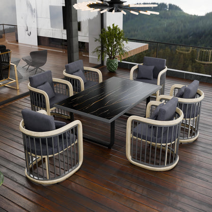 LeisureMod Klyra 7-Piece Aluminum Dining Set with 1 Rectangular Dining Table and 6 Dining Chairs in Grey - Elax Furniture