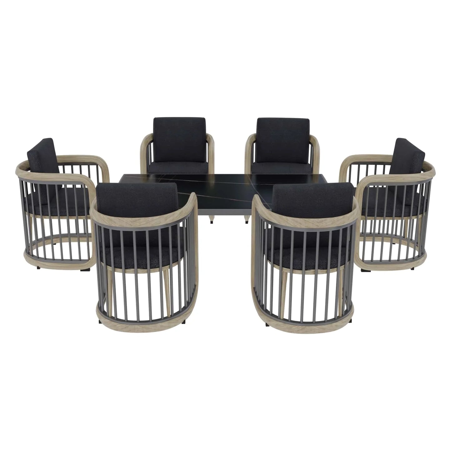 LeisureMod Klyra 7-Piece Aluminum Dining Set with 1 Rectangular Dining Table and 6 Dining Chairs in Grey - Elax Furniture