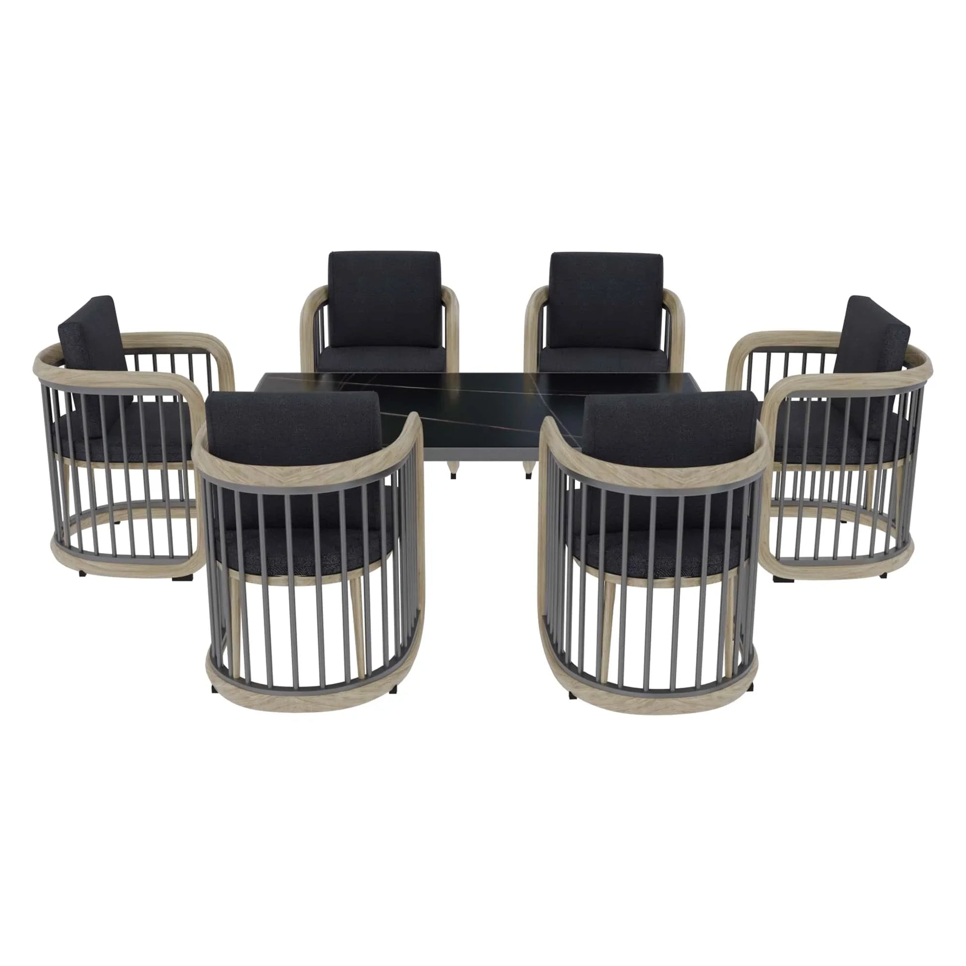 LeisureMod Klyra 7-Piece Aluminum Dining Set with 1 Rectangular Dining Table and 6 Dining Chairs in Grey - Elax Furniture