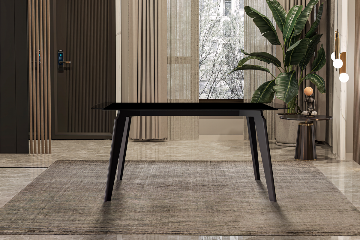 Krevor Modern Dining Table with Rectangular Stone/Glass Wide Tabletop with Black Steel Legs Sintered Stone White Grey Dining Table Leisuremod