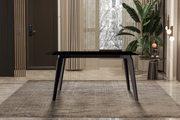 Krevor Modern Dining Table with Rectangular Stone/Glass Wide Tabletop with Black Steel Legs Sintered Stone White Grey Dining Table Leisuremod