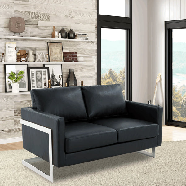 Lincoln Leather Loveseat Sofa with Chrome Stainless Steel Frame
