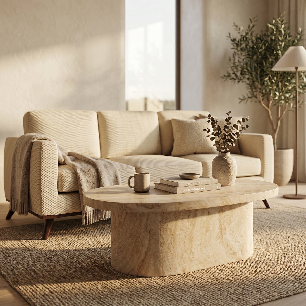 Laura Fiberstone Oval Coffee Table with Pedestal Base for Indoor and Outdoor