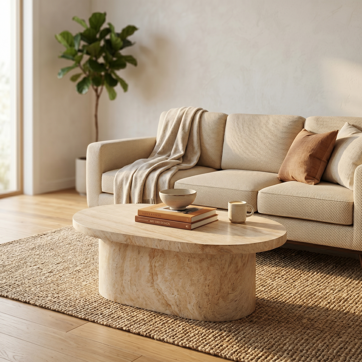 Laura Fiberstone Oval Coffee Table with Pedestal Base for Indoor and Outdoor