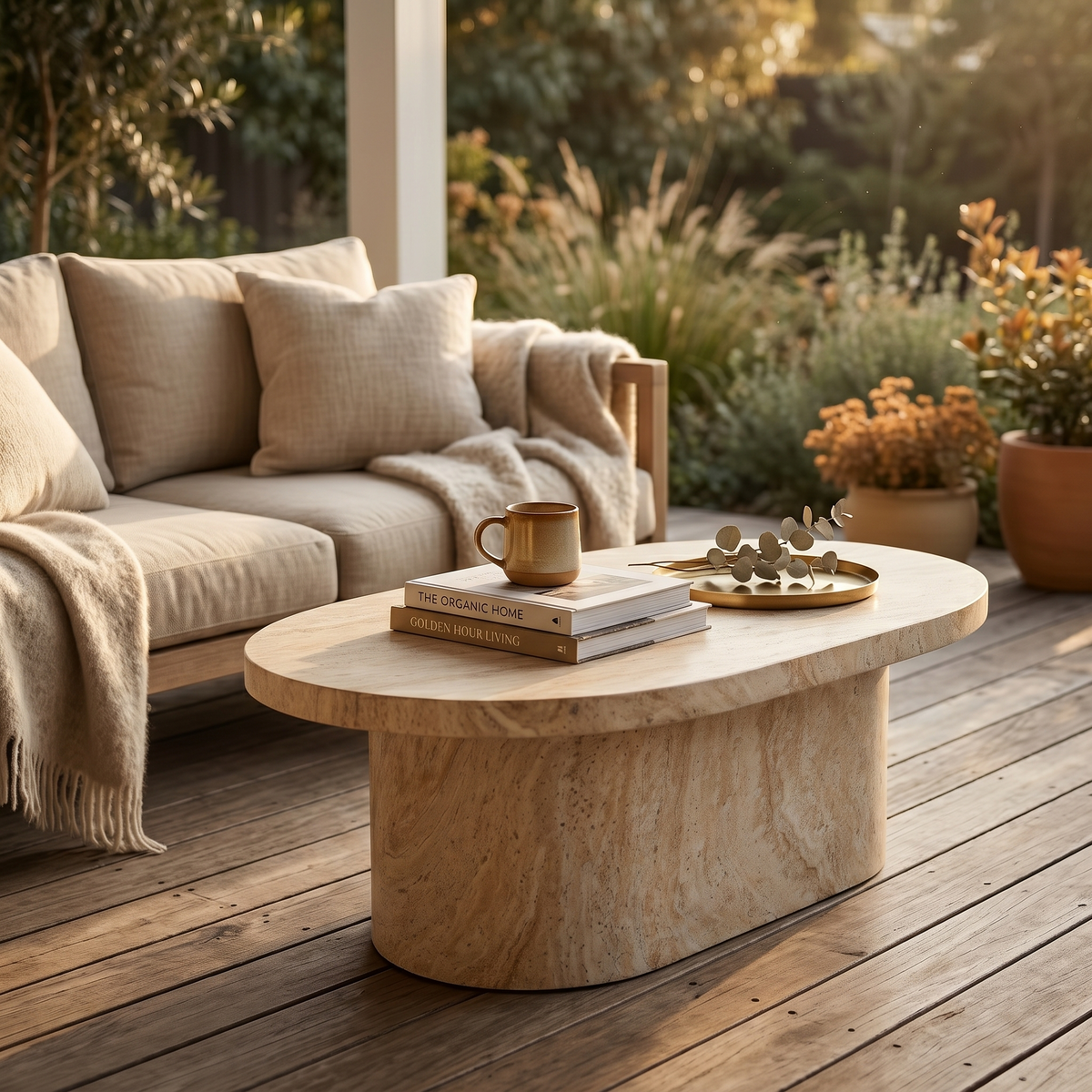Laura Fiberstone Oval Coffee Table with Pedestal Base for Indoor and Outdoor