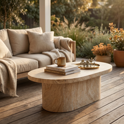 Laura Fiberstone Oval Coffee Table with Pedestal Base for Indoor and Outdoor