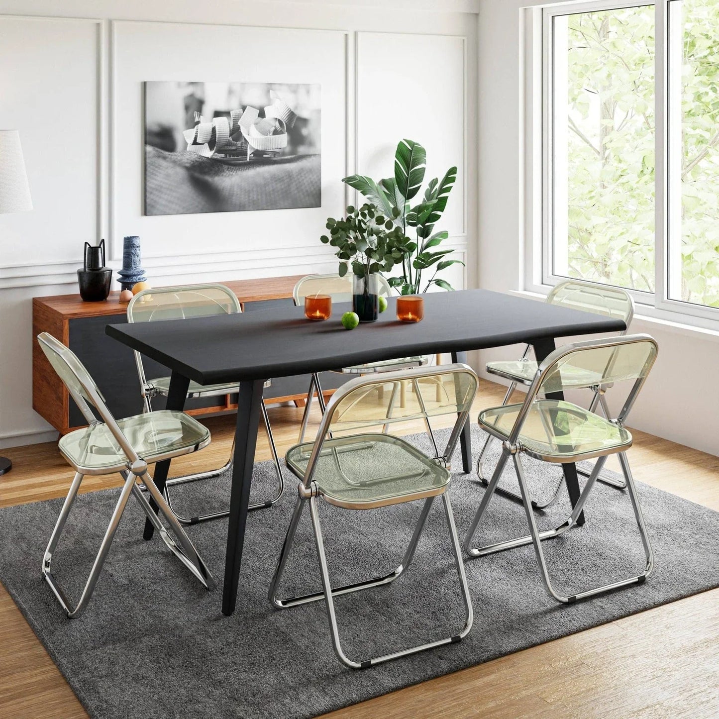 Lawrence 7-Piece Dining Set: Folding Acrylic Chairs & Rectangular Wood Table - Elax Furniture