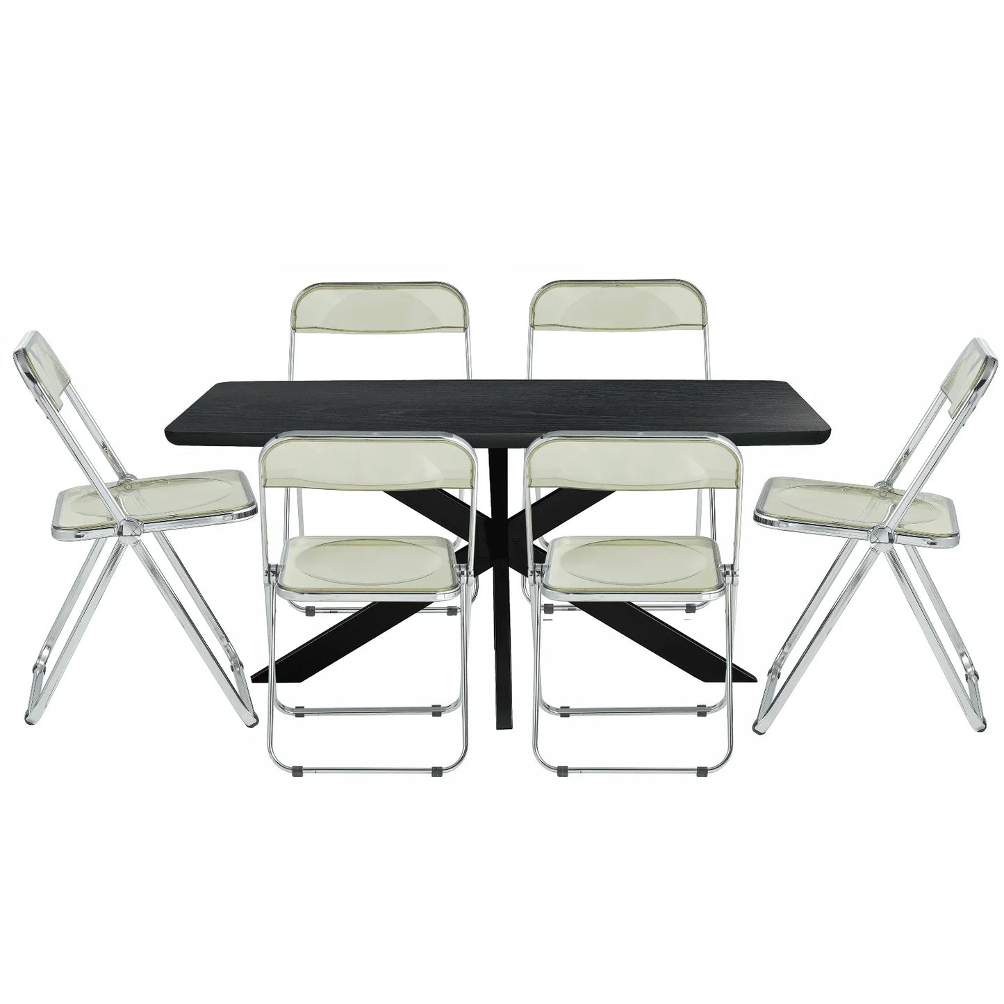Lawrence 7-Piece Dining Set: Folding Acrylic Chairs & Rectangular Wood Table with Geometric Base - Elax Furniture