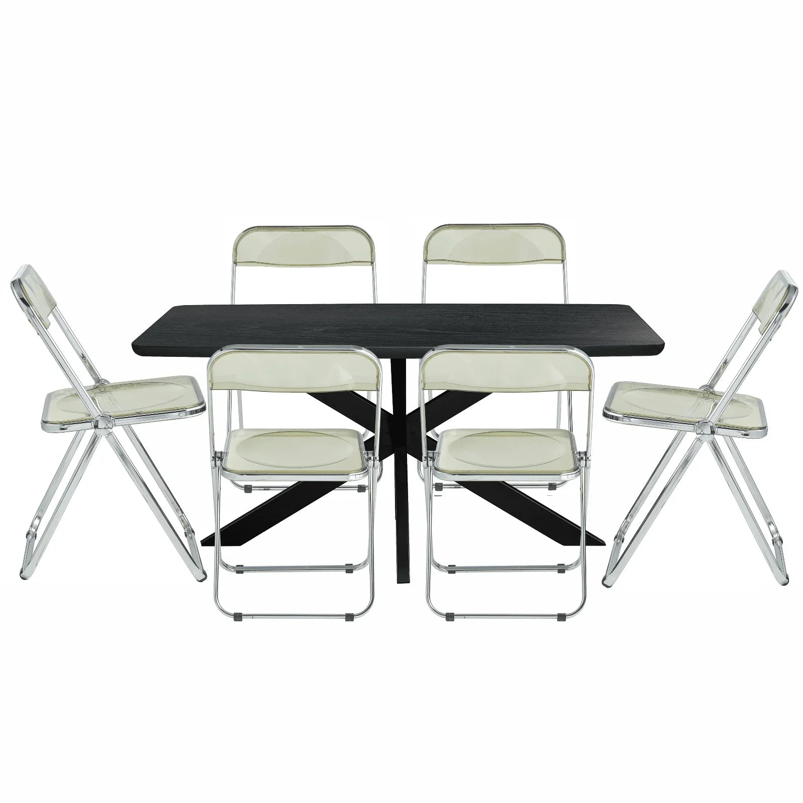Lawrence 7-Piece Dining Set: Folding Acrylic Chairs & Rectangular Wood Table with Geometric Base - Elax Furniture