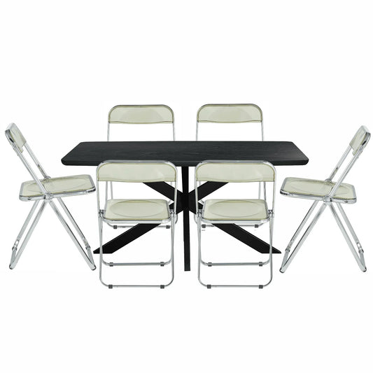 Lawrence 7-Piece Dining Set: Folding Acrylic Chairs & Rectangular Wood Table with Geometric Base - Elax Furniture