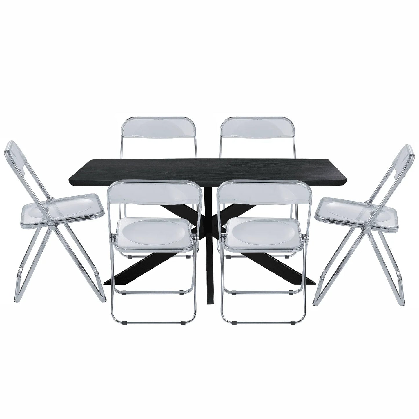 Lawrence 7-Piece Dining Set: Folding Acrylic Chairs & Rectangular Wood Table with Geometric Base - Elax Furniture