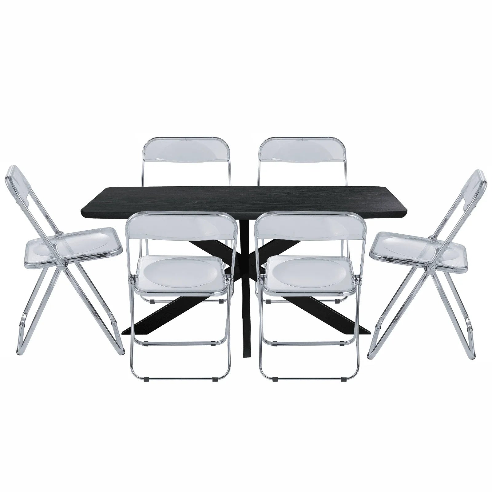 Lawrence 7-Piece Dining Set: Folding Acrylic Chairs & Rectangular Wood Table with Geometric Base - Elax Furniture