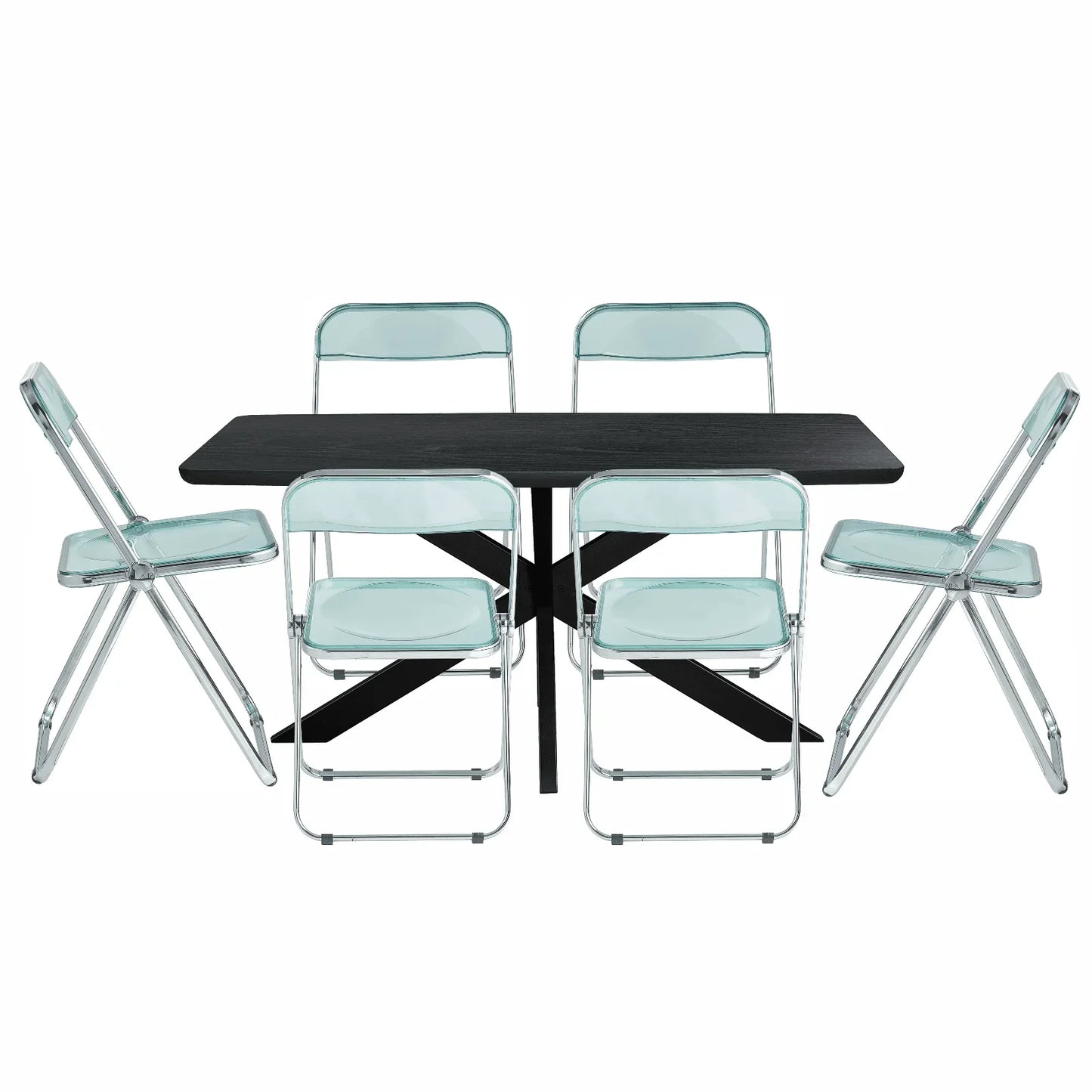 Lawrence 7-Piece Dining Set: Folding Acrylic Chairs & Rectangular Wood Table with Geometric Base - Elax Furniture