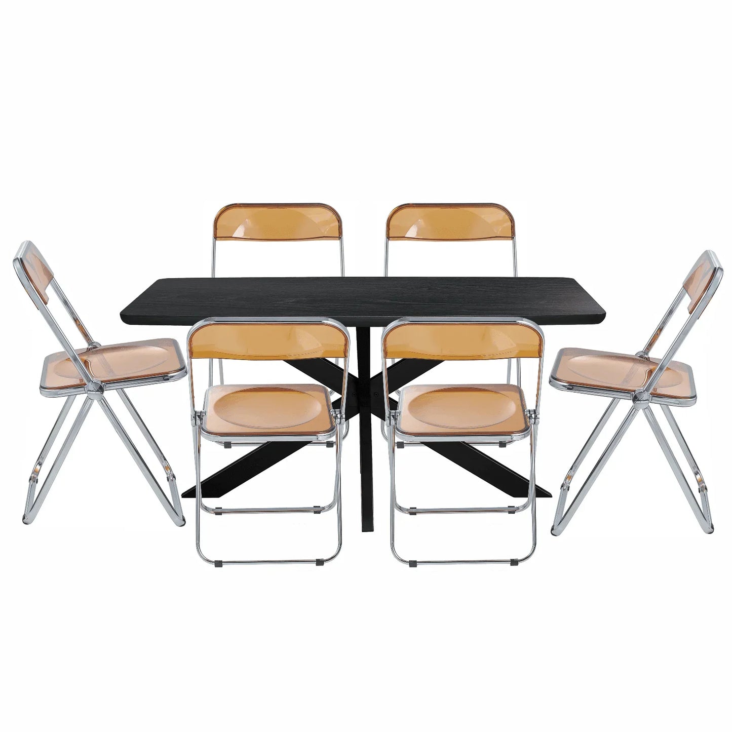 Lawrence 7-Piece Dining Set: Folding Acrylic Chairs & Rectangular Wood Table with Geometric Base - Elax Furniture