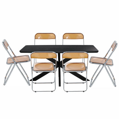 Lawrence 7-Piece Dining Set: Folding Acrylic Chairs & Rectangular Wood Table with Geometric Base - Elax Furniture
