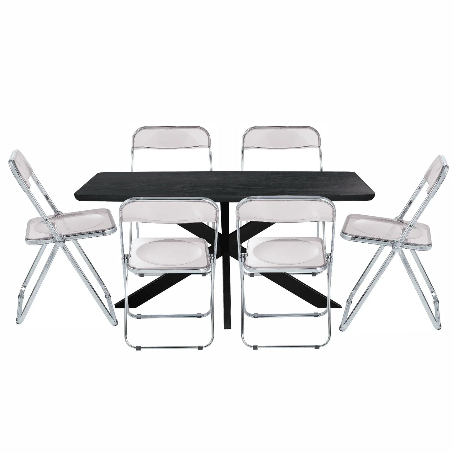 Lawrence 7-Piece Dining Set: Folding Acrylic Chairs & Rectangular Wood Table with Geometric Base - Elax Furniture
