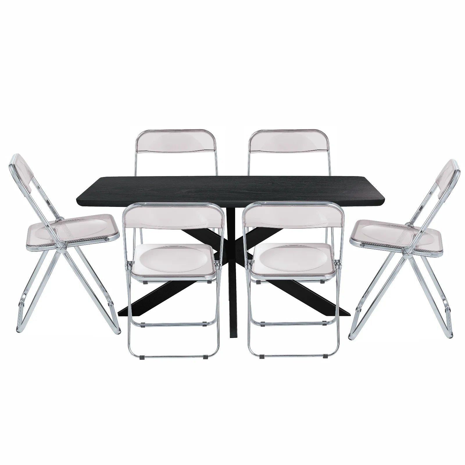 Lawrence 7-Piece Dining Set: Folding Acrylic Chairs & Rectangular Wood Table with Geometric Base - Elax Furniture